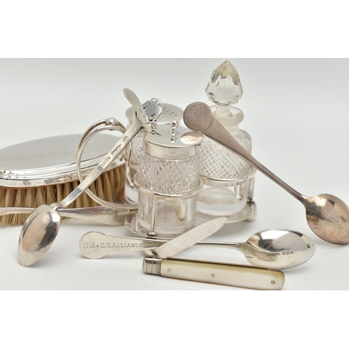 99 - A SMALL ASSORTMENT OF SILVER ITEMS, to include a three piece cruet set with stand, comprising of a g... 