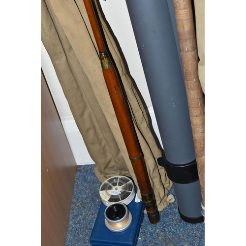 322 - A GROUP OF VINTAGE FISHING RODS, REELS AND A BMW REAR PARCEL SHELF, comprising BMW parcel shelf code... 