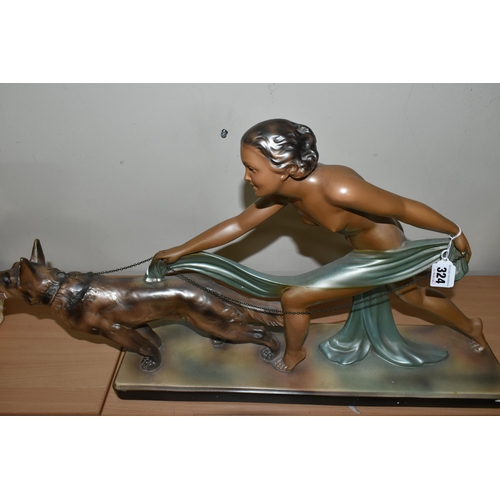 324 - A LARGE ART DECO PATINATED PLASTER SCULPTURE, a figure of a nude female and Alsatian dog, width 70cm... 