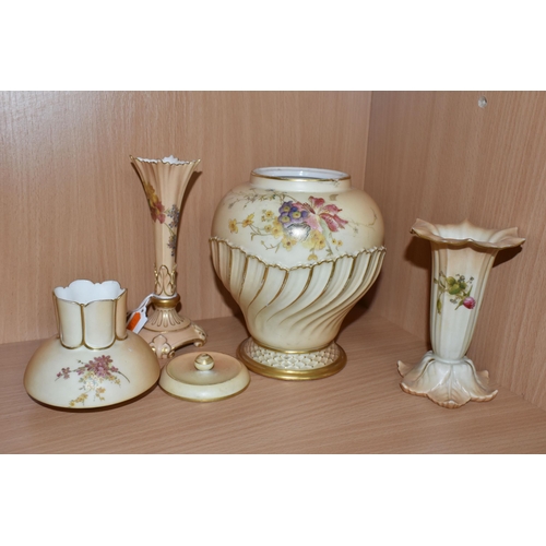 325 - A SMALL GROUP OF ROYAL WORCESTER BLUSH IVORY PORCELAIN, comprising a small posy vase, green backstam... 