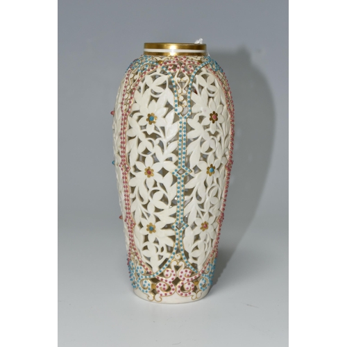 327 - A GRAINGER & CO. ROYAL CHINA WORKS: WORCESTER reticulated jewelled ovoid vase with leaf and flower d... 