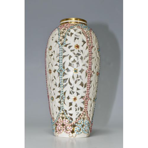 327 - A GRAINGER & CO. ROYAL CHINA WORKS: WORCESTER reticulated jewelled ovoid vase with leaf and flower d... 