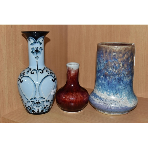 330 - A GROUP OF THREE COBRIDGE STONEWARE VASES, comprising a mottled blue, white and purple vase, height ... 