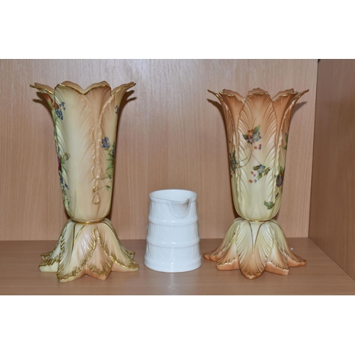 331 - A GRAINGER & CO. ROYAL CHINA WORKS BLUSH IVORY VASE, leaf moulded spill vase, green backstamp 915/G6... 