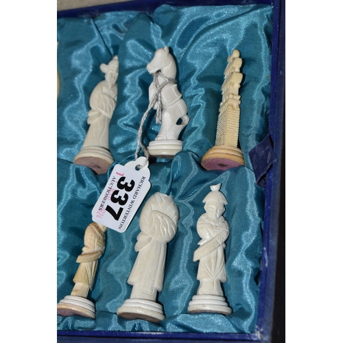 337 - A GROUP OF ORIENTAL CERAMICS, BOXED BONE CHESS SET, ETC, including a 19th century Canton Famille Ros... 