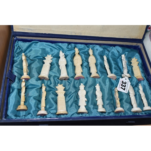 337 - A GROUP OF ORIENTAL CERAMICS, BOXED BONE CHESS SET, ETC, including a 19th century Canton Famille Ros... 