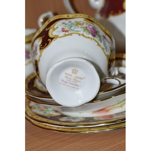 338 - A ROYAL ALBERT 'LADY HAMILTON' PATTERN TEA SET, comprising a cake plate, teapot, milk jug, covered s... 