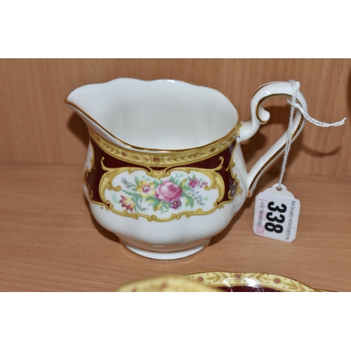 338 - A ROYAL ALBERT 'LADY HAMILTON' PATTERN TEA SET, comprising a cake plate, teapot, milk jug, covered s... 