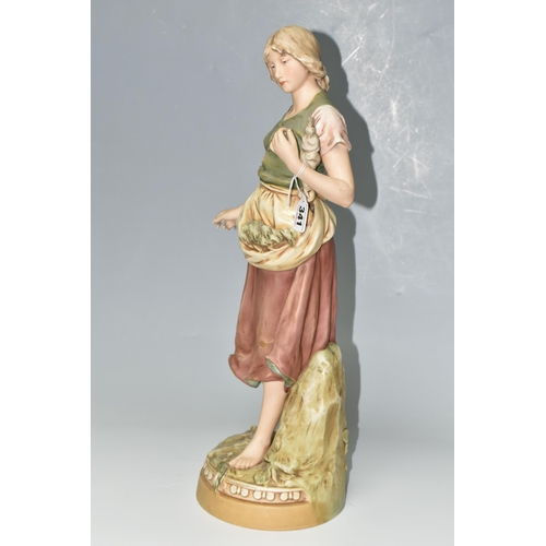 341 - A ROYAL DUX FIGURE, comprising a young woman gathering seaweed, with applied pink triangular Royal D... 