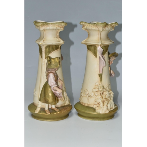 342 - A PAIR OF ROYAL DUX FIGURAL VASES, comprising a young shepherd boy and goat on one vase, the other h... 