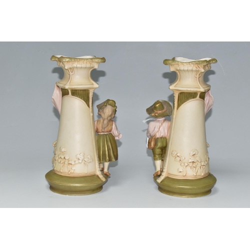 342 - A PAIR OF ROYAL DUX FIGURAL VASES, comprising a young shepherd boy and goat on one vase, the other h... 