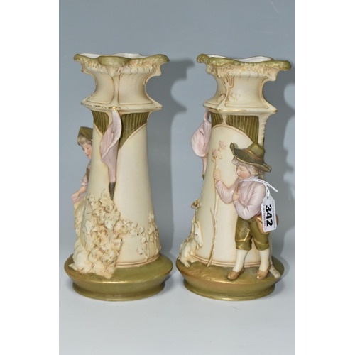 342 - A PAIR OF ROYAL DUX FIGURAL VASES, comprising a young shepherd boy and goat on one vase, the other h... 