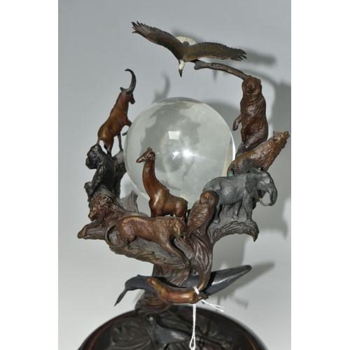 349 - A BRONZE FRANKLIN MINT SCULPTURE 'GUARDIANS OF THE WORLD' CRYSTAL BALL, by Steven Lord, a central cr... 