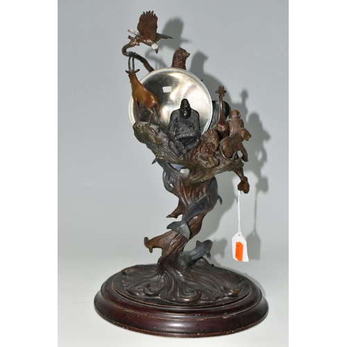 349 - A BRONZE FRANKLIN MINT SCULPTURE 'GUARDIANS OF THE WORLD' CRYSTAL BALL, by Steven Lord, a central cr... 