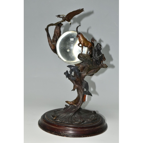 349 - A BRONZE FRANKLIN MINT SCULPTURE 'GUARDIANS OF THE WORLD' CRYSTAL BALL, by Steven Lord, a central cr... 