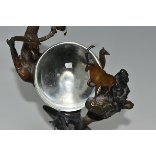 349 - A BRONZE FRANKLIN MINT SCULPTURE 'GUARDIANS OF THE WORLD' CRYSTAL BALL, by Steven Lord, a central cr... 