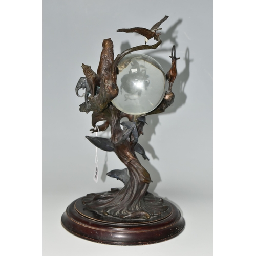 349 - A BRONZE FRANKLIN MINT SCULPTURE 'GUARDIANS OF THE WORLD' CRYSTAL BALL, by Steven Lord, a central cr... 