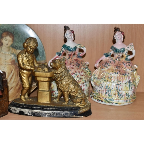 353 - TWO 19TH CENTURY STAFFORDSHIRE LADIES BOUDOIR POTS, crinoline ladies with pots underneath the skirt ... 