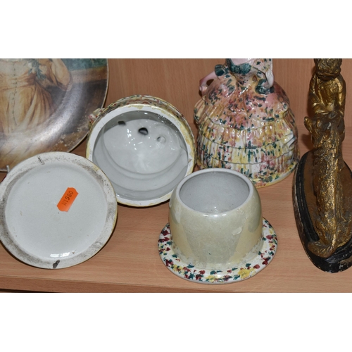 353 - TWO 19TH CENTURY STAFFORDSHIRE LADIES BOUDOIR POTS, crinoline ladies with pots underneath the skirt ... 