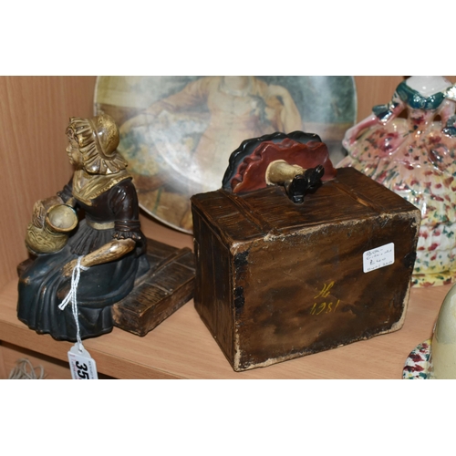 353 - TWO 19TH CENTURY STAFFORDSHIRE LADIES BOUDOIR POTS, crinoline ladies with pots underneath the skirt ... 