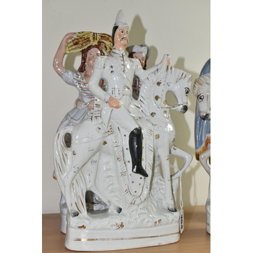 354 - FOUR STAFFORDSHIRE FLATBACKS, comprising two figures of military men on horseback, height 34cm, a fi... 