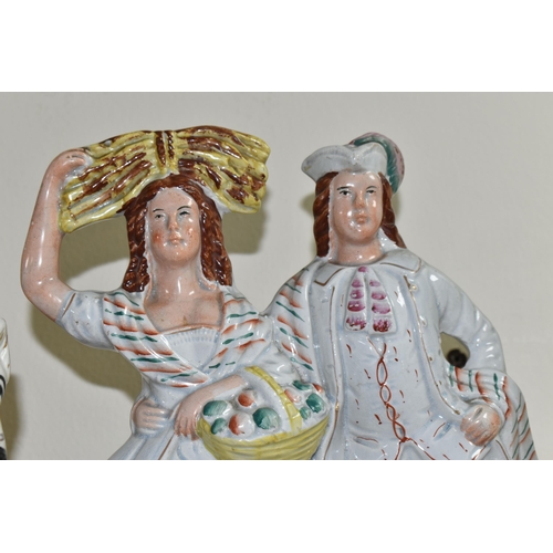 354 - FOUR STAFFORDSHIRE FLATBACKS, comprising two figures of military men on horseback, height 34cm, a fi... 