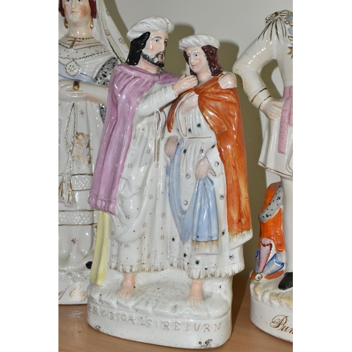 355 - THREE STAFFORDSHIRE FLATBACKS, comprising 'Prodigals Return' depicting the Prodigal Son and his fath... 