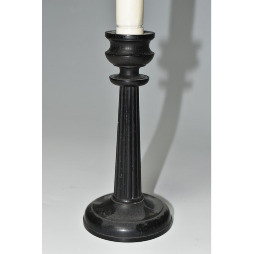 356 - A PAIR OF EBONY CANDLESTICKS WITH CARVED SHELL REFLECTORS, the ebony candlesticks with column like s... 