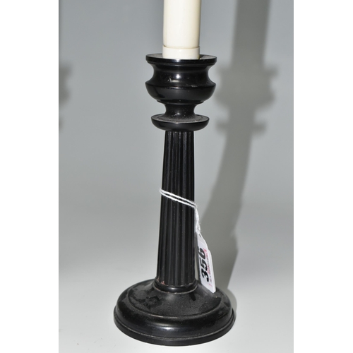 356 - A PAIR OF EBONY CANDLESTICKS WITH CARVED SHELL REFLECTORS, the ebony candlesticks with column like s... 