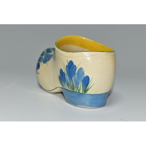 357 - A CLARICE CLIFF SMALL SABOT/CLOG, in Blue Crocus pattern, painted with the blue flowers on the toe a... 