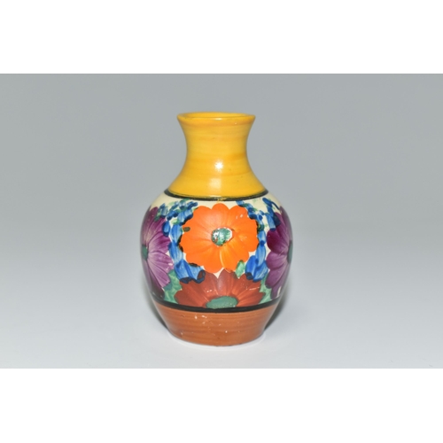 359 - A CLARICE CLIFF MINIATURE VASE, in Gayday pattern, painted with orange, red, blue and purple flowers... 