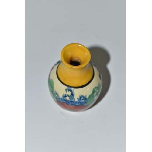 359 - A CLARICE CLIFF MINIATURE VASE, in Gayday pattern, painted with orange, red, blue and purple flowers... 