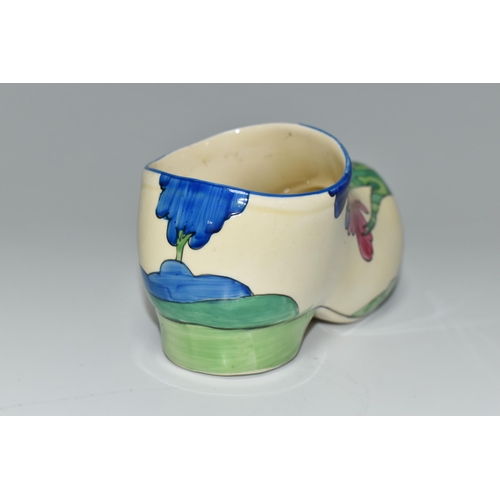 360 - A CLARICE CLIFF SMALL SABOT/CLOG, in Rudyard pattern, painted with green, pink and blue stylised tre... 