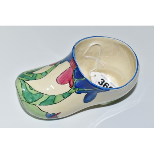 360 - A CLARICE CLIFF SMALL SABOT/CLOG, in Rudyard pattern, painted with green, pink and blue stylised tre... 