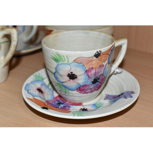 361 - A SIX PIECE CLARICE CLIFF 'ANEMONE' PART TEA SET, comprising two teacups and saucers, a cream jug an... 