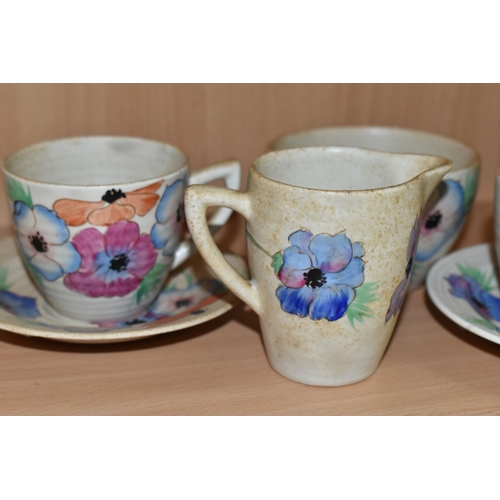 361 - A SIX PIECE CLARICE CLIFF 'ANEMONE' PART TEA SET, comprising two teacups and saucers, a cream jug an... 