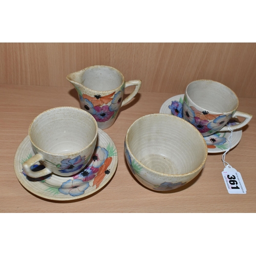 361 - A SIX PIECE CLARICE CLIFF 'ANEMONE' PART TEA SET, comprising two teacups and saucers, a cream jug an... 