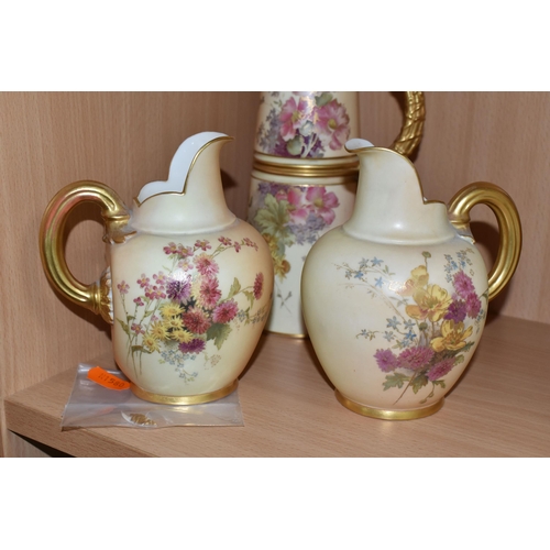 362 - FOUR ROYAL WORCESTER BLUSH IVORY JUGS, comprising a lobed coral jug, shape no 1507, printed and tint... 