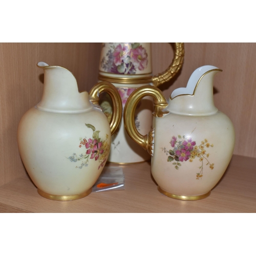 362 - FOUR ROYAL WORCESTER BLUSH IVORY JUGS, comprising a lobed coral jug, shape no 1507, printed and tint... 