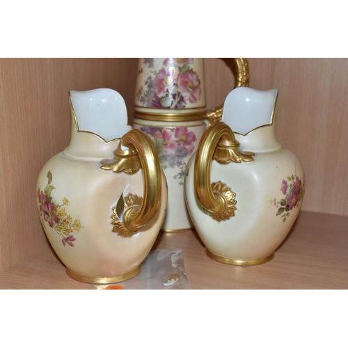 362 - FOUR ROYAL WORCESTER BLUSH IVORY JUGS, comprising a lobed coral jug, shape no 1507, printed and tint... 