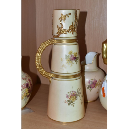 362 - FOUR ROYAL WORCESTER BLUSH IVORY JUGS, comprising a lobed coral jug, shape no 1507, printed and tint... 