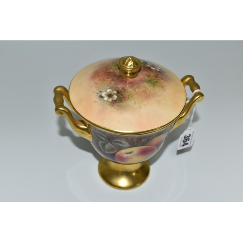 364 - A COALPORT COVERED VASE, the gilt footed vase with twin gilt handles, hand painted with apples, blac... 