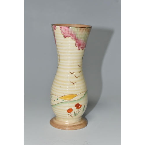 367 - A CLARICE CLIFF 'TAOMINA' PATTERN VASE, the footed ribbed vase of elongated baluster form, painted w... 