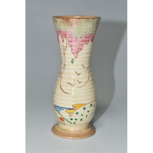 367 - A CLARICE CLIFF 'TAOMINA' PATTERN VASE, the footed ribbed vase of elongated baluster form, painted w... 