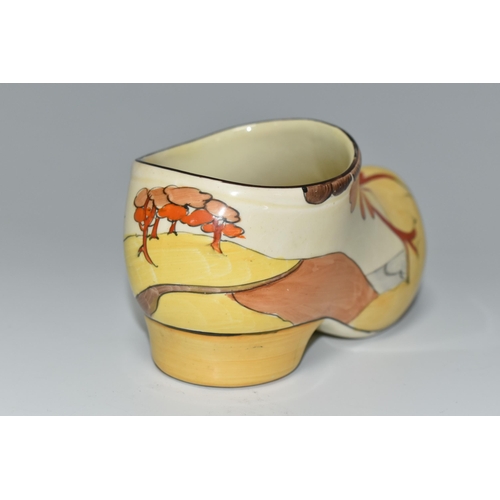 368 - A CLARICE CLIFF SMALL SABOT/CLOG, in Coral Firs pattern, painted with coral, orange and brown stylis... 