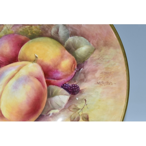 370 - A COALPORT FOOTED HAND PAINTED FRUIT BOWL, signed R Budd (Richard Budd), decorated with plums and bl... 