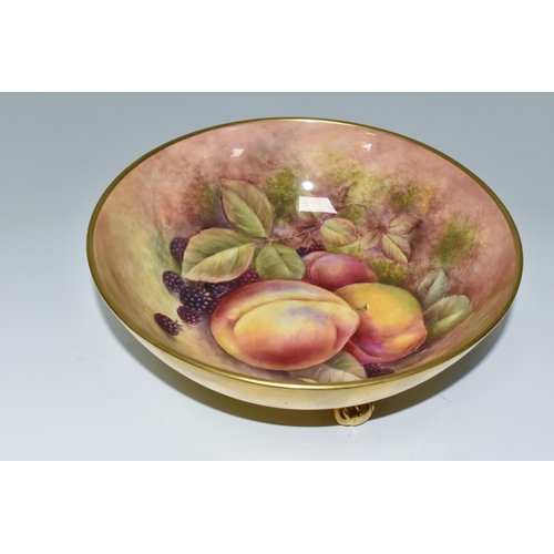 370 - A COALPORT FOOTED HAND PAINTED FRUIT BOWL, signed R Budd (Richard Budd), decorated with plums and bl... 