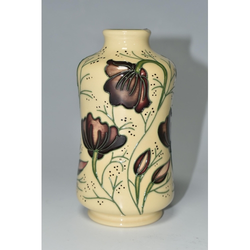 373 - A MOORCROFT POTTERY 'CHOCOLATE COSMOS' PATTERN VASE, of cylindrical waisted form, tube lined with ch... 