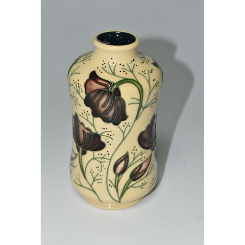 373 - A MOORCROFT POTTERY 'CHOCOLATE COSMOS' PATTERN VASE, of cylindrical waisted form, tube lined with ch... 