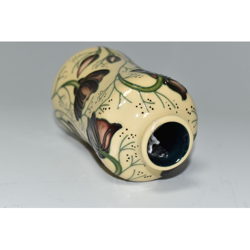 373 - A MOORCROFT POTTERY 'CHOCOLATE COSMOS' PATTERN VASE, of cylindrical waisted form, tube lined with ch... 